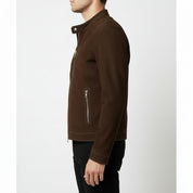 model-side-view - Men's Cafe Racer Suede Jacket, Suede Biker Jacket, Suede Motorcycle Jacket, Men's Racer Style Jacket