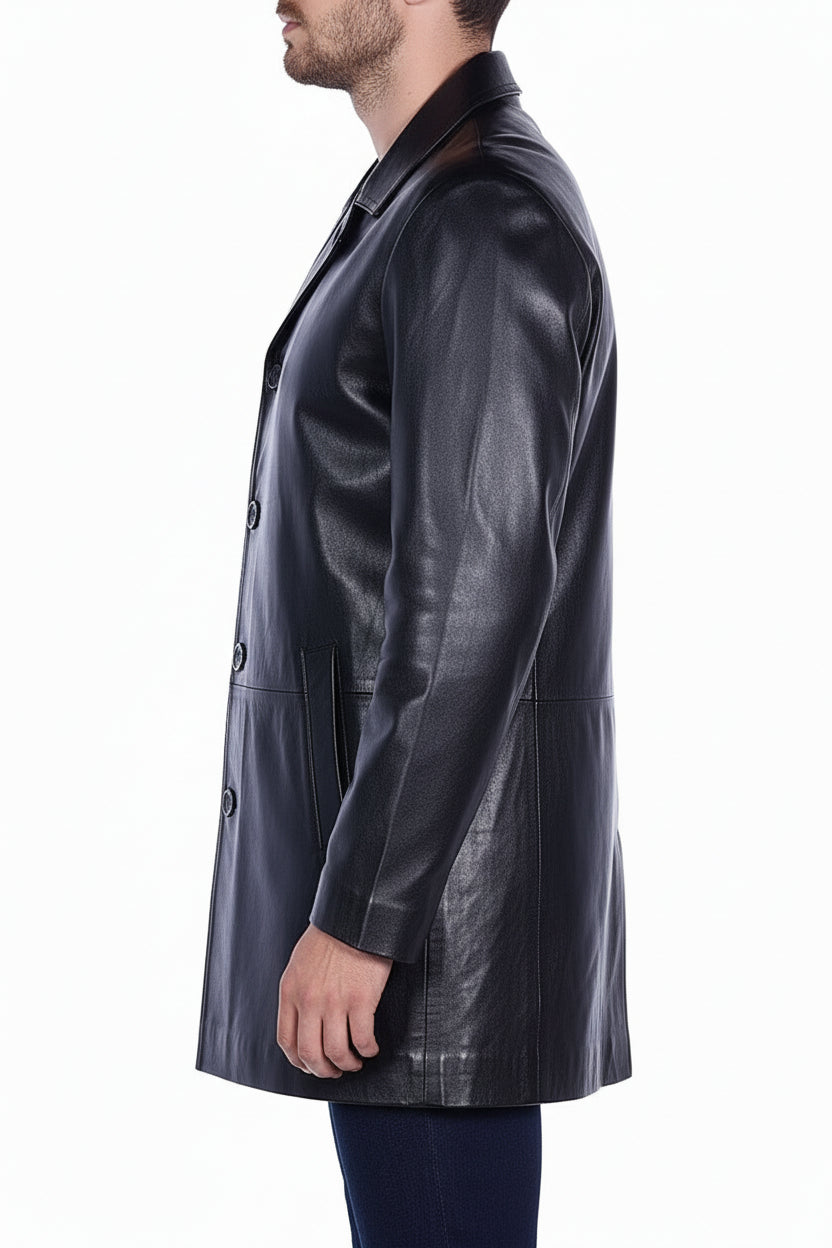 model-side-view - Men's Car Coat Jacket, Leather Overcoat, Tailored Leather Jacket, Smooth Leather Coat