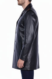 model-side-view - Men's Car Coat Jacket, Leather Overcoat, Tailored Leather Jacket, Smooth Leather Coat