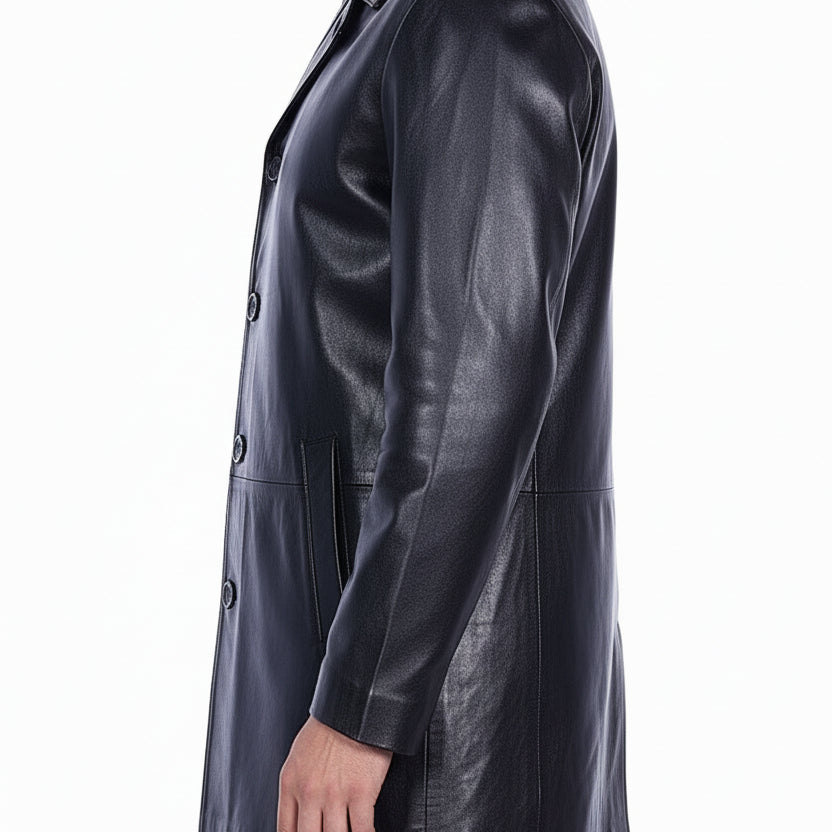 model-side-view - Men's Car Coat Jacket, Leather Overcoat, Tailored Leather Jacket, Smooth Leather Coat