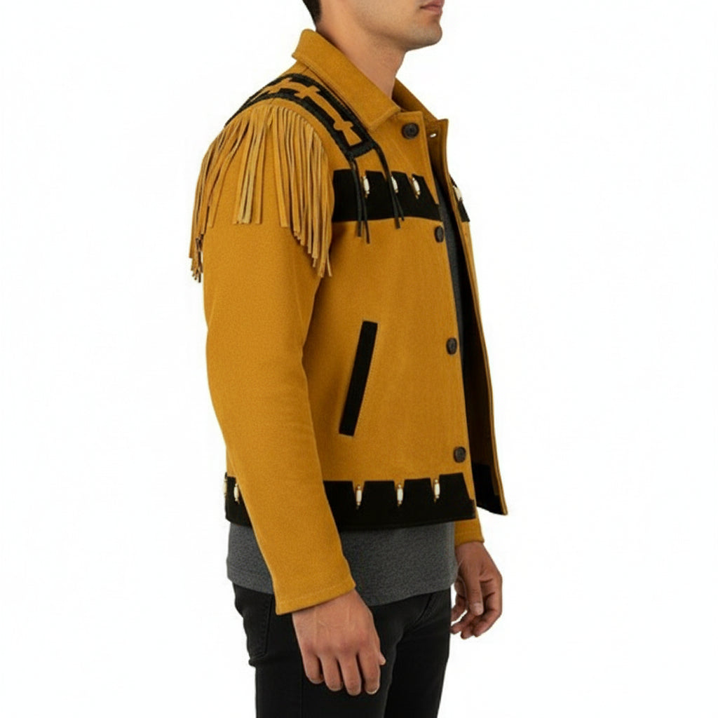 model-side-view - Men's Cowboy Suede Leather Jacket with Fringes and Beadwork