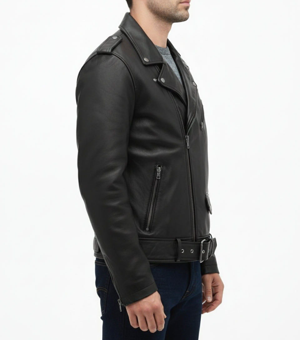 model-side-view - Men's Customizable Black Biker Leather Jacket