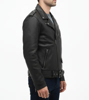 model-side-view - Men's Customizable Black Biker Leather Jacket