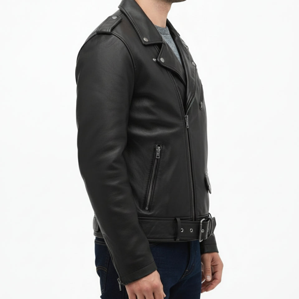 model-side-view - Men's Customizable Black Biker Leather Jacket
