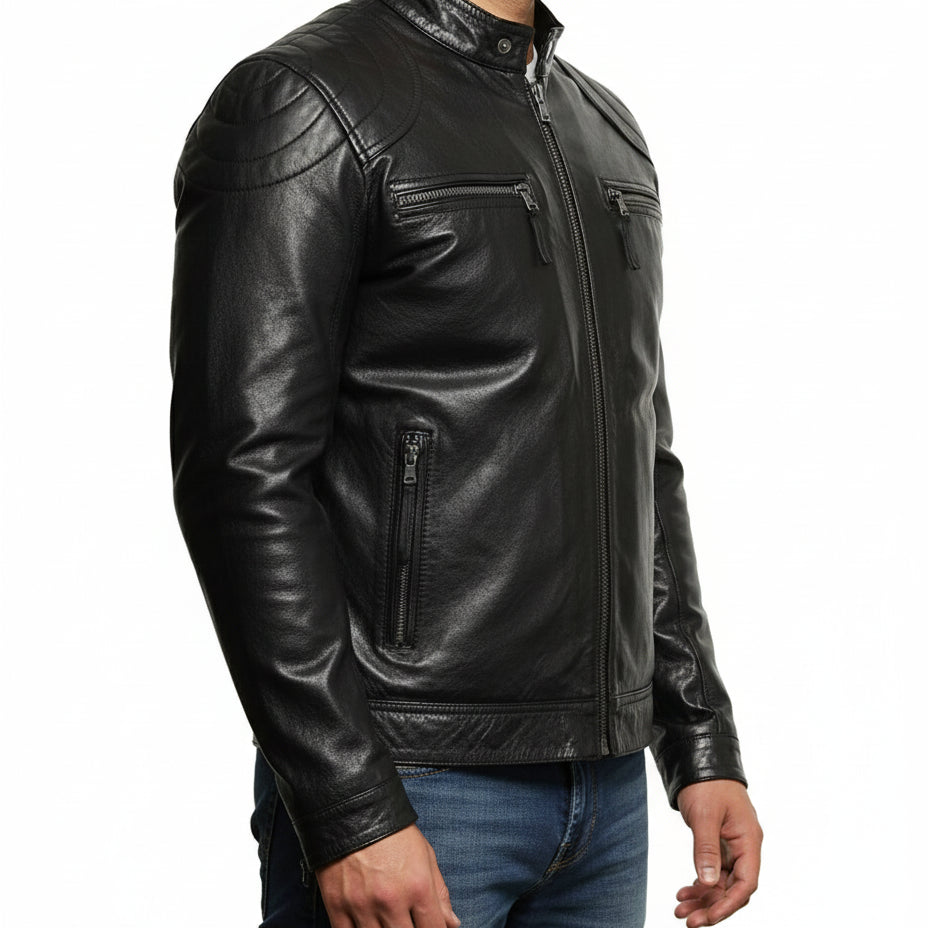 model-side-view - Mens Fashion Black Leather Jacket, Men Biker Leather Jacket, Jacket For