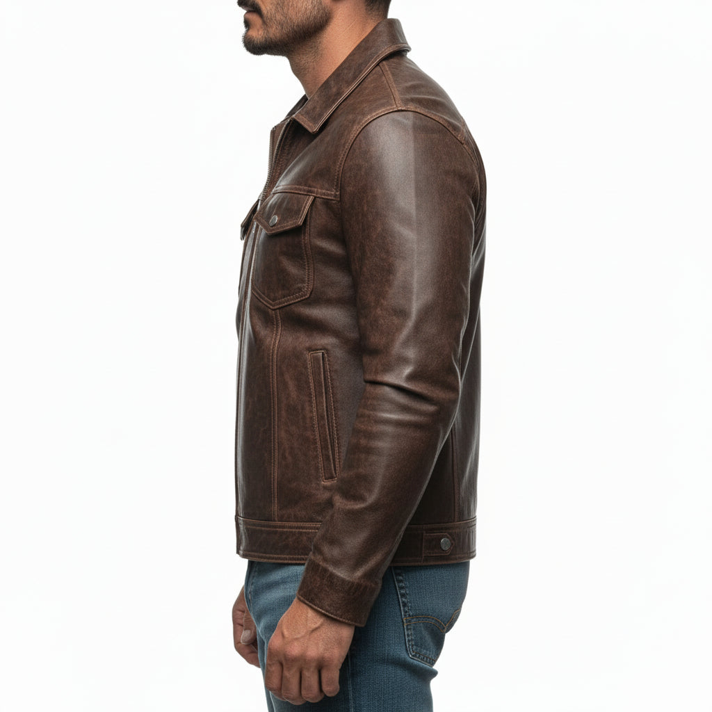 Men's Handmade Leather Trucker Jacket, Center Front Zip Jacket