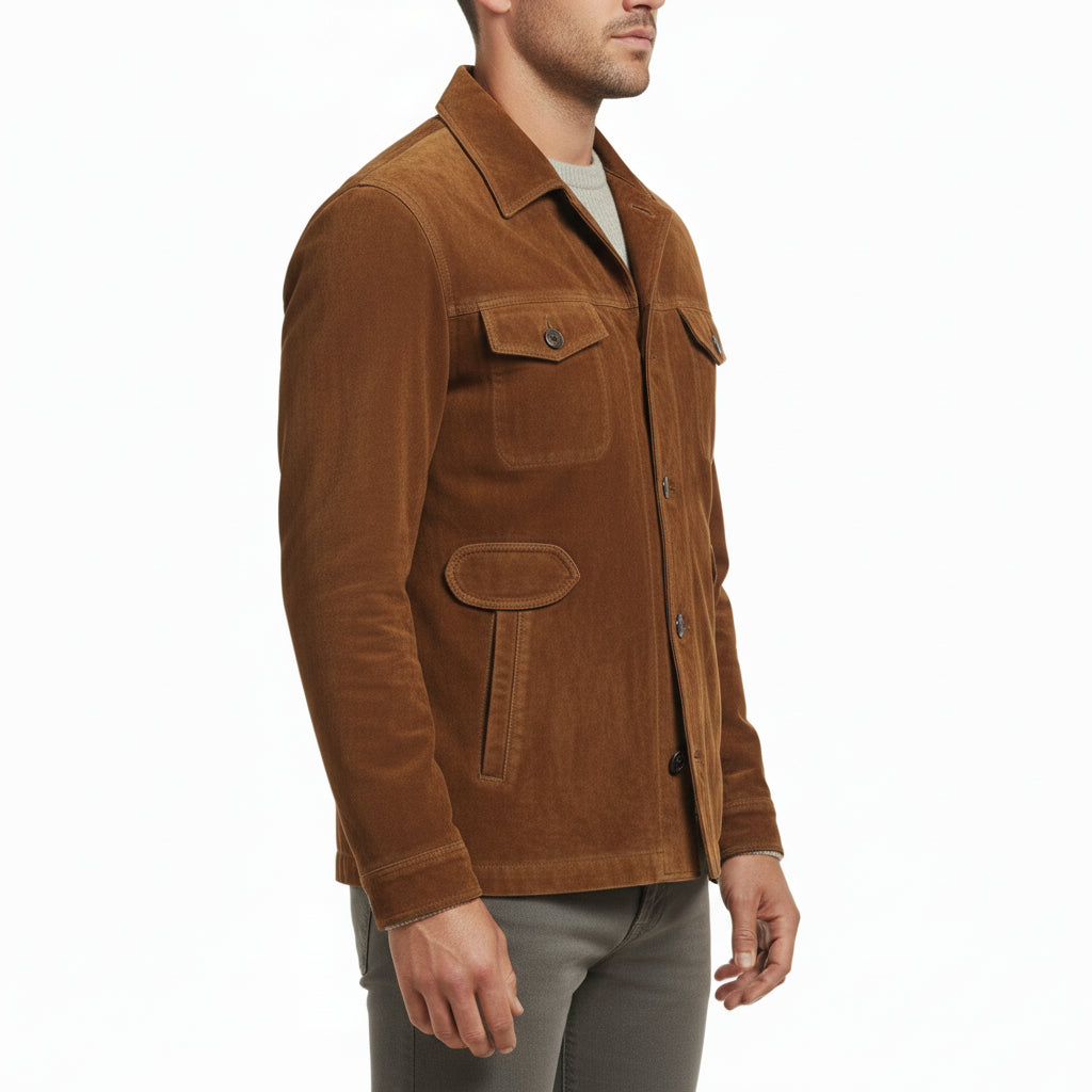 model-side-view - Men's Field Jacket, Men's Safari Jacket, Suede Leather Jacket, Cognac Brown Jacket
