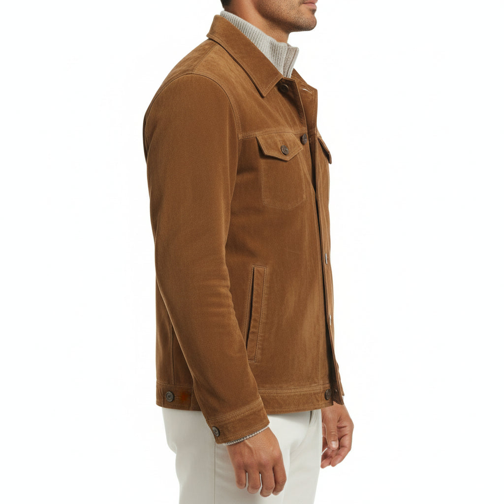model-side-view - Men's Field Jacket, Suede Safari Jacket, Brown Suede Jacket, Outdoor Leather Jacket