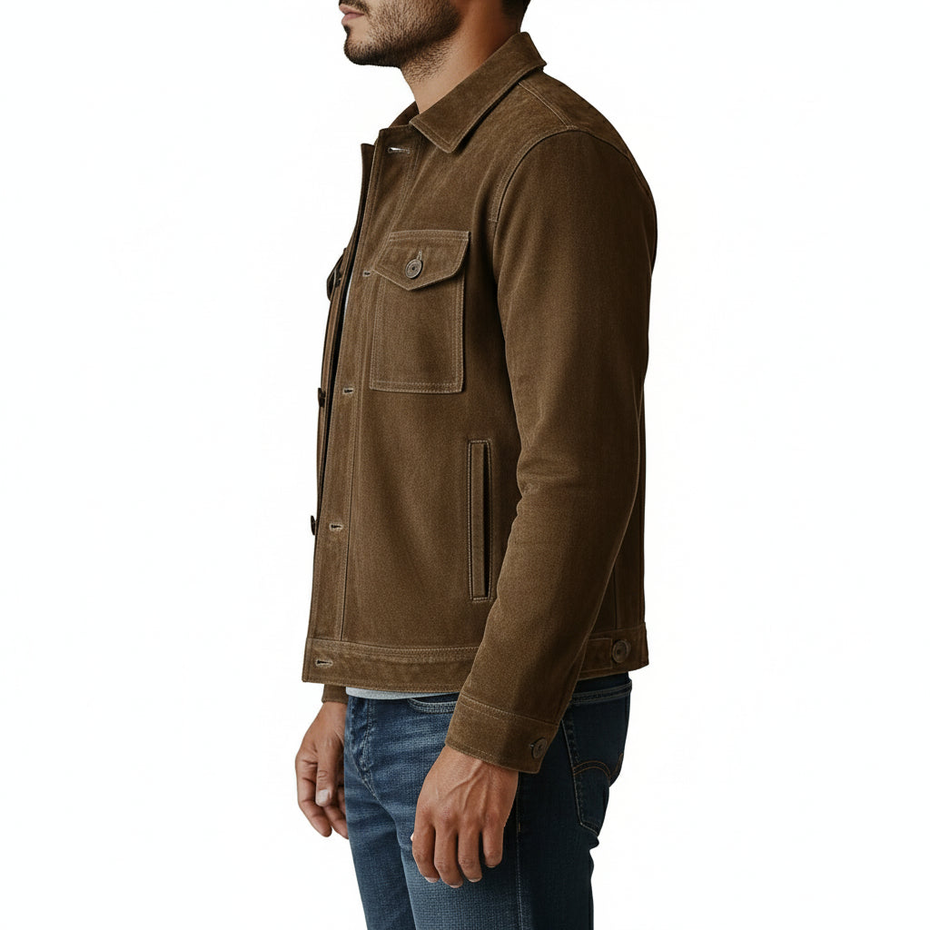 model-side-view - Men's Field Jacket, Suede Trucker Jacket, Brown Suede Jacket, Suede Outdoor Jacket