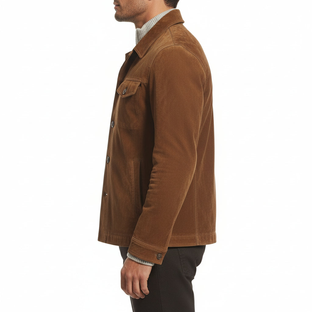 model-side-view - Men's Field Suede Jacket, Suede Field Jacket, Men's Casual Suede Jacket, Brown Suede Jacket