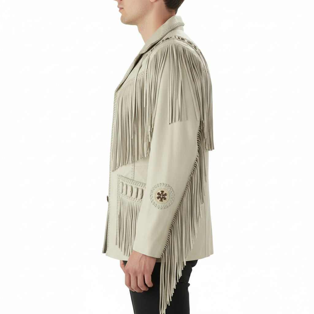 model-side-view - Men's Fringed White Suede Cowboy Jacket