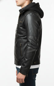 model-side-view - Men's Hooded Biker Leather Jacket with Detachable Fabric Hood