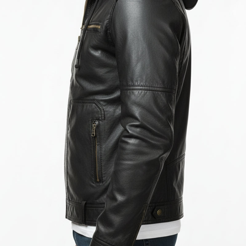 model-side-view - Men's Hooded Biker Leather Jacket with Detachable Fabric Hood