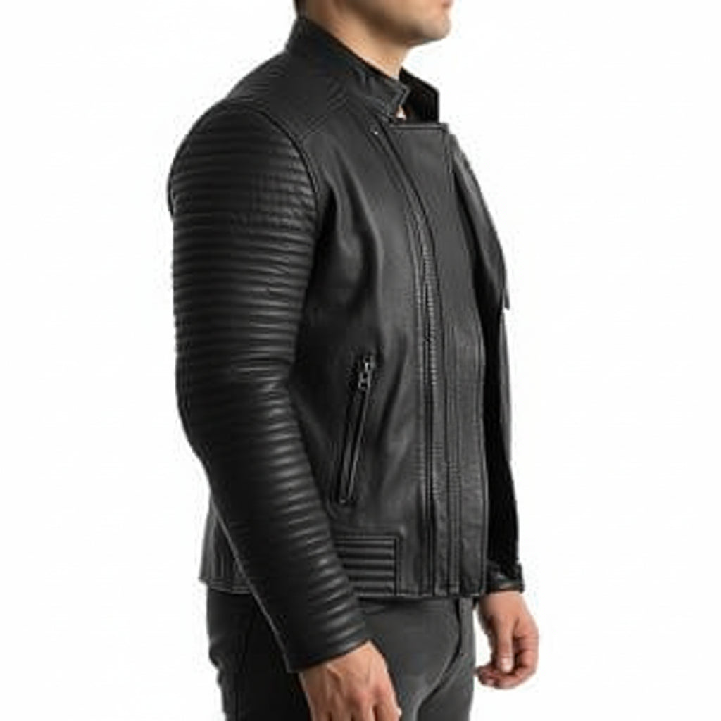 model-side-view - Mens Leather Jacket Black Quilted Genuine Lambskin Biker Motorcycle