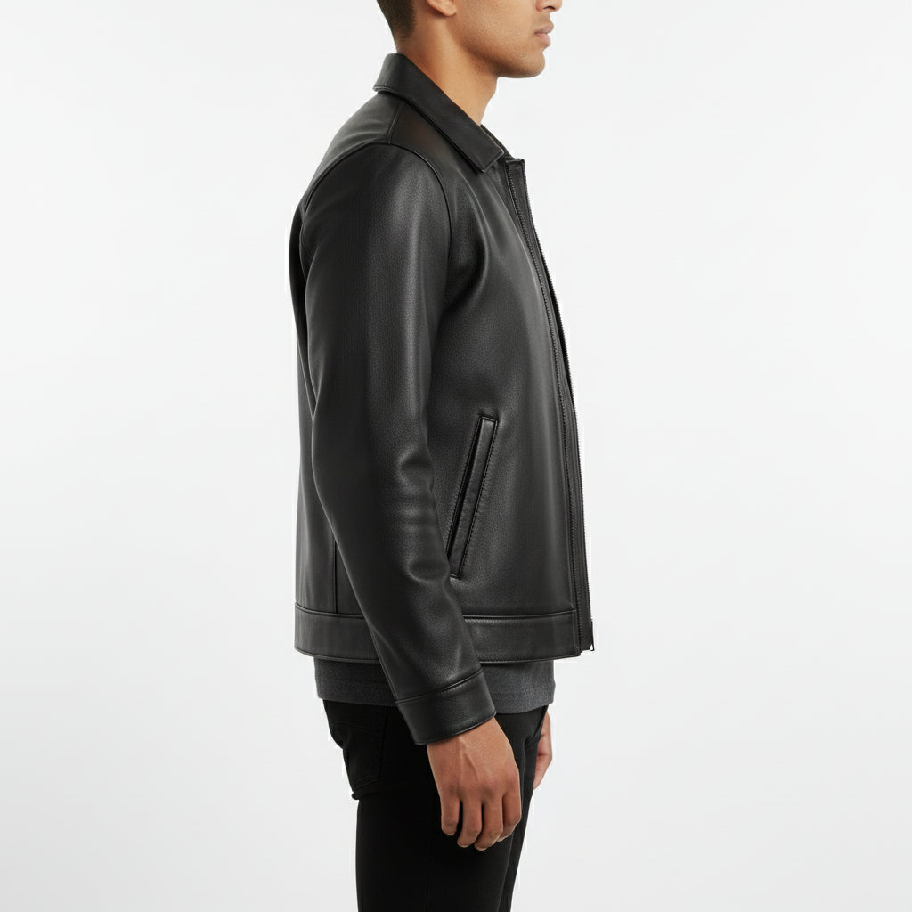 model-side-view - Men's Leather Jacket, Classic Leather Jacket, Minimalist Leather Jacket, Black Leather Jacket