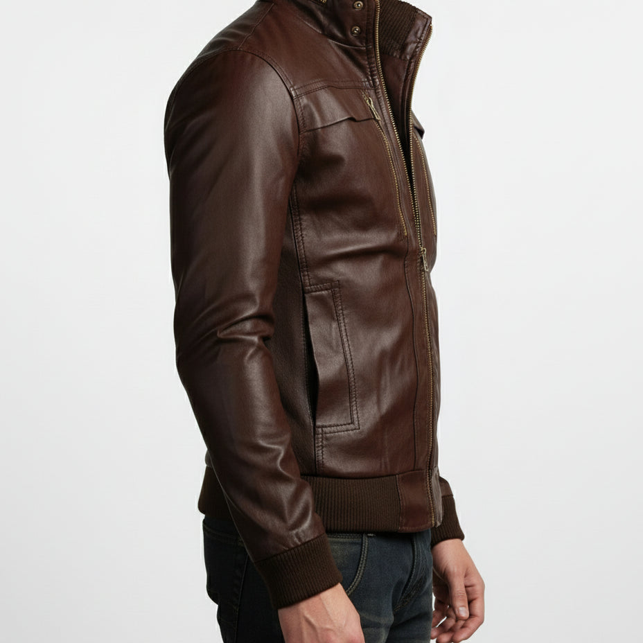 model-side-view - Men's Leather Jackets Korean Style Casual Slim Fit Biker Leather Jacket