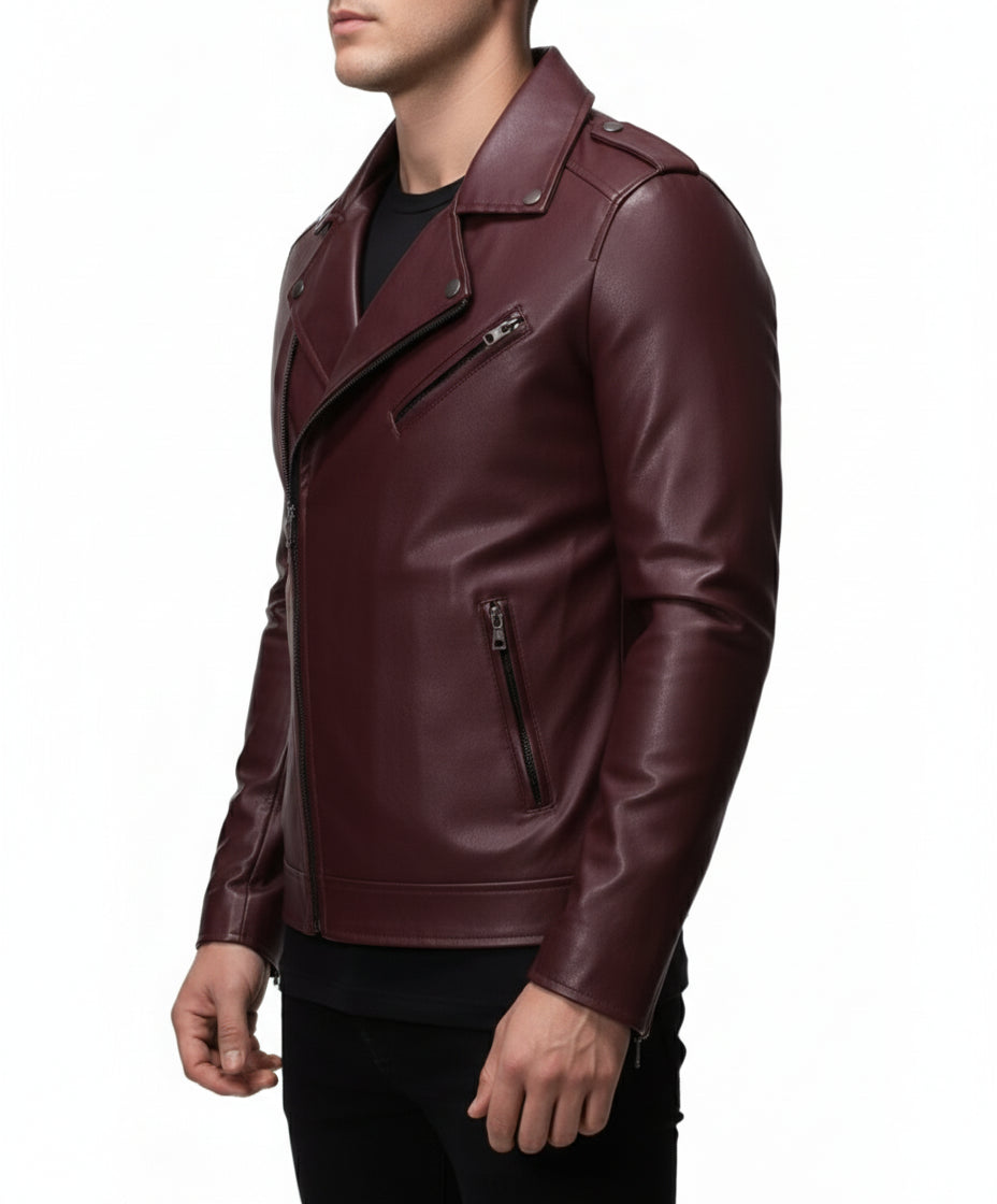model-side-view - Mens Maroon biker leather jacket Jacket, maroon leather jacket for men