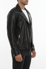 model-side-view - Men's Moto Leather Jacket, Biker Jacket, Asymmetrical Zip Leather Jacket, Motorcycle Jacket