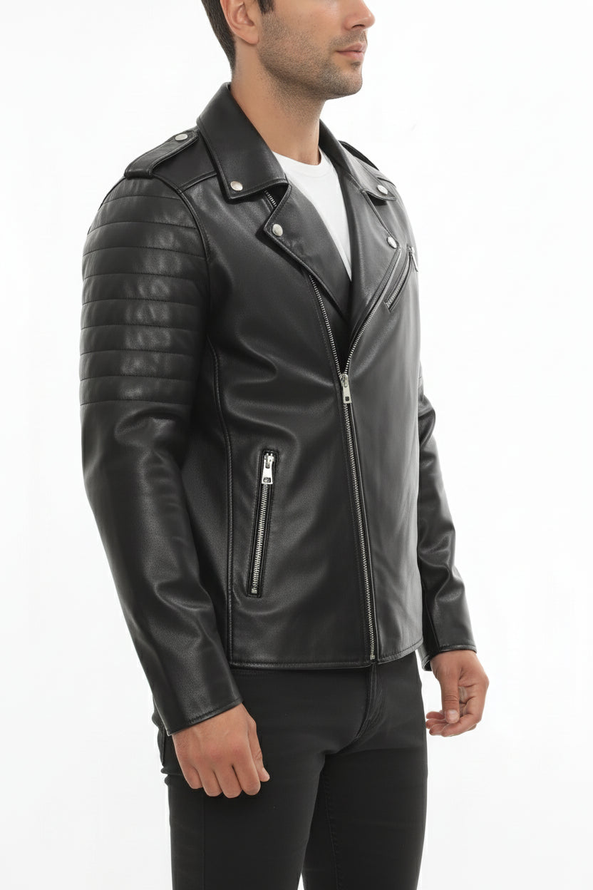 model-side-view - Men's Moto Leather Jacket, Biker Jacket, Leather Motorcycle Jacket, Men's Leather Moto Jacket