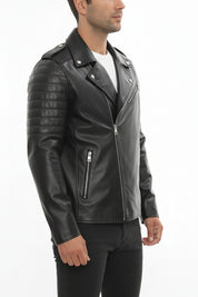 model-side-view - Men's Moto Leather Jacket, Biker Jacket, Leather Motorcycle Jacket, Men's Leather Moto Jacket
