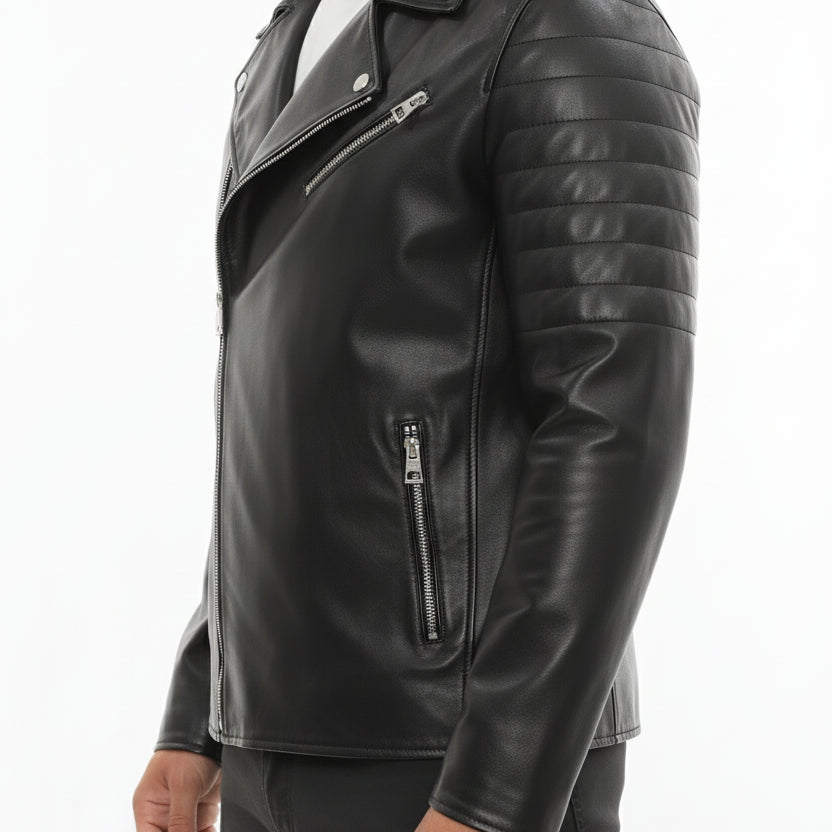 model-side-view - Men's Moto Leather Jacket, Biker Jacket, Motorcycle Jacket, Leather Moto Jacket