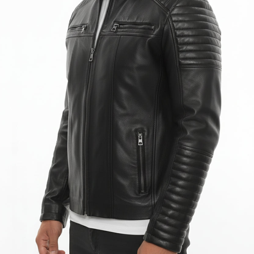 model-side-view - Men's Moto Leather Jacket, Racer Style Jacket, Leather Motorcycle Jacket, Biker Jacket
