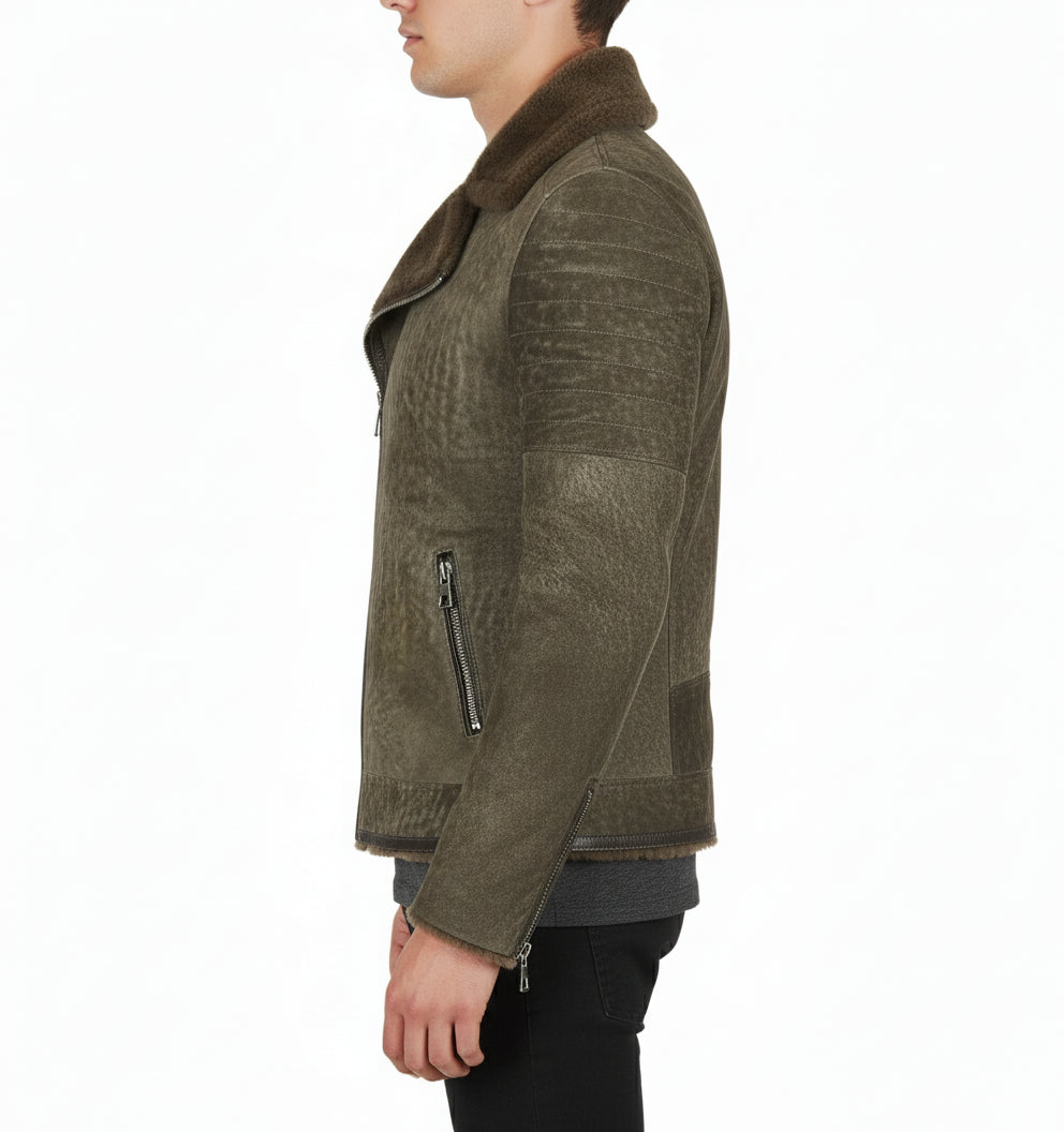 model-side-view - Men's Olive Green Shearling Moto Jacket, Distressed Lambskin Leather Motorcycle Jacket, Olive Shearling Collar Biker Jacket