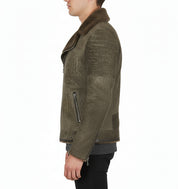 model-side-view - Men's Olive Green Shearling Moto Jacket, Distressed Lambskin Leather Motorcycle Jacket, Olive Shearling Collar Biker Jacket
