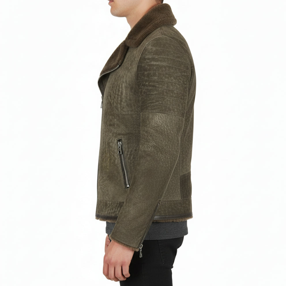 model-side-view - Men's Olive Green Shearling Moto Jacket, Distressed Lambskin Leather Motorcycle Jacket, Olive Shearling Collar Biker Jacket