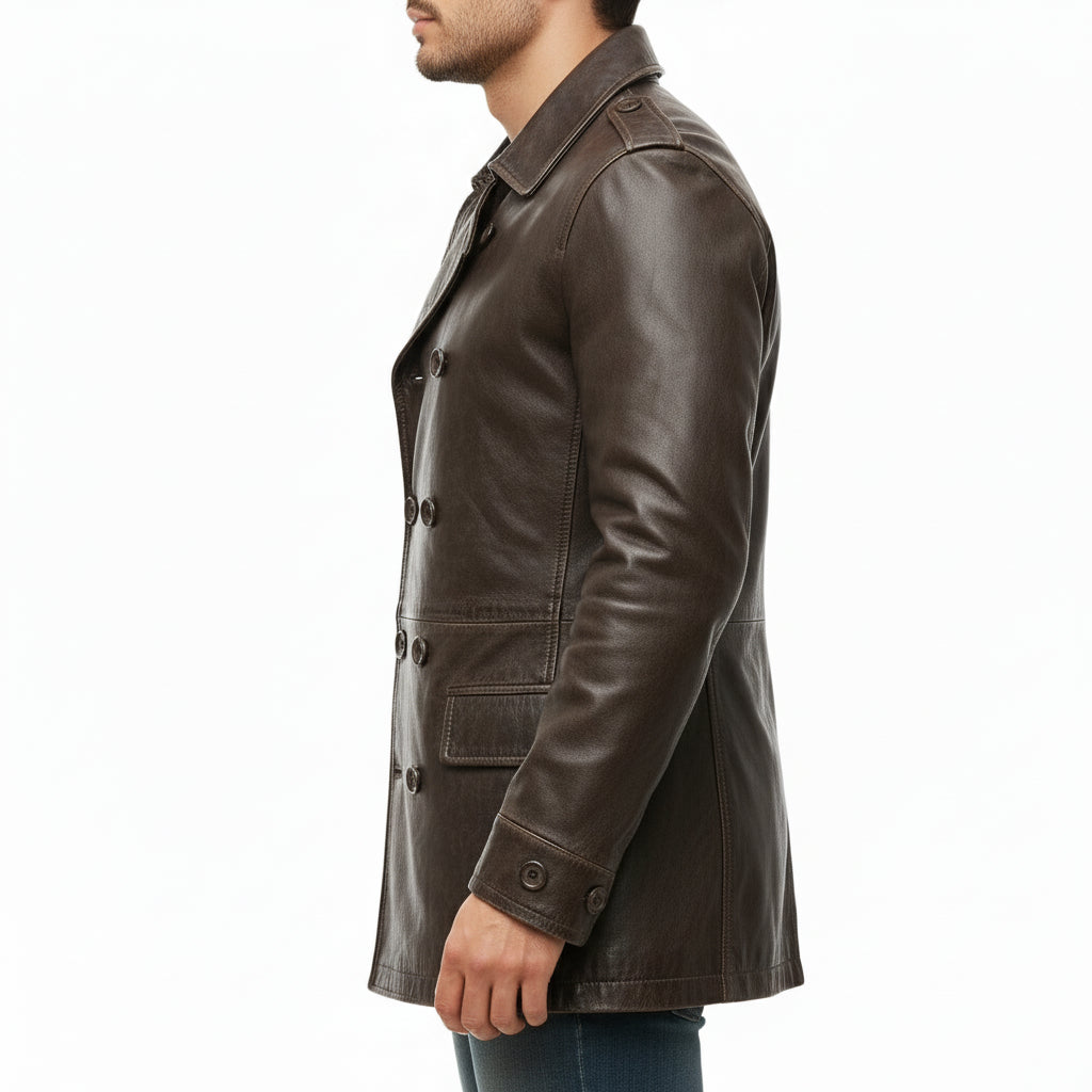 Men's Dark Brown Double-Breasted Leather Pea Coat Jacket
