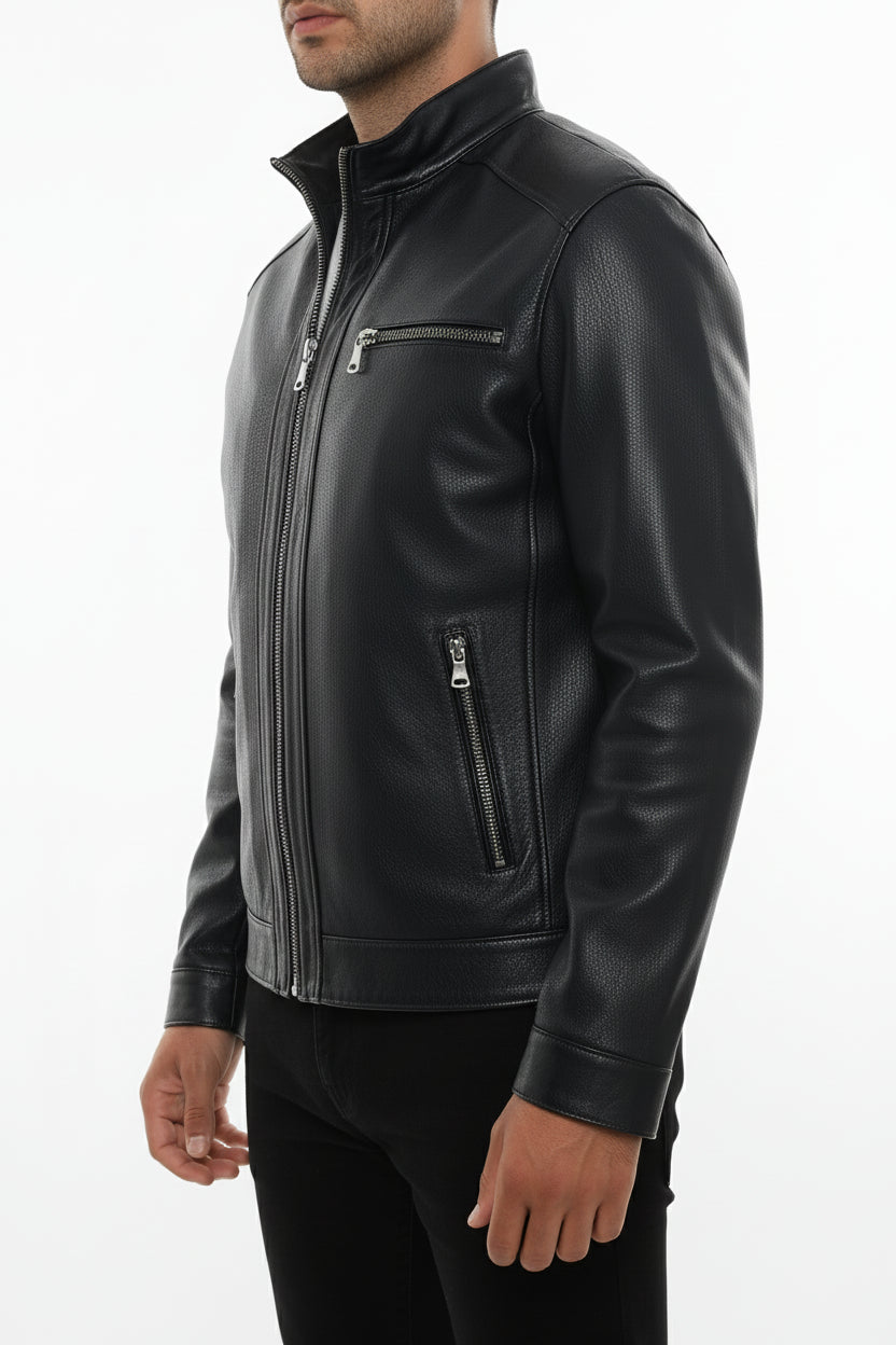 model-side-view - Men's Racer Leather Jacket, Black Leather Jacket, Cafe Racer Jacket, Slim Fit Biker Jacket