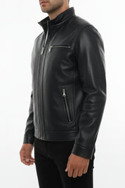 model-side-view - Men's Racer Leather Jacket, Black Leather Jacket, Cafe Racer Jacket, Slim Fit Biker Jacket