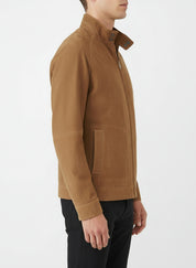 model-side-view - Men's Racer Suede Jacket, Men's Suede Jacket, Racer Style Jacket, Lightweight Suede Jacket
