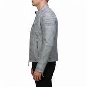 model-side-view - Mens Real Leather Antique Wash Retro Vintage Style Biker Jacket Slim fit