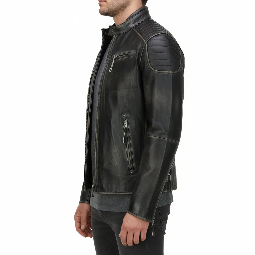 model-side-view - Mens Real Leather black Retro Vintage Style Biker Jacket, Slim fit jacket