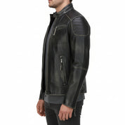 model-side-view - Mens Real Leather black Retro Vintage Style Biker Jacket, Slim fit jacket