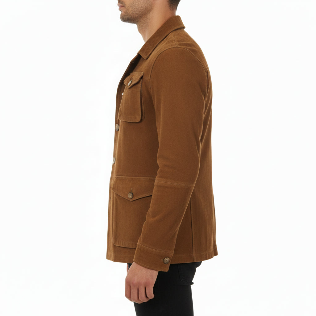 model-side-view - Men's Safari Jacket, Field Jacket for Men, Suede Field Jacket, Men's Outdoor Jacket