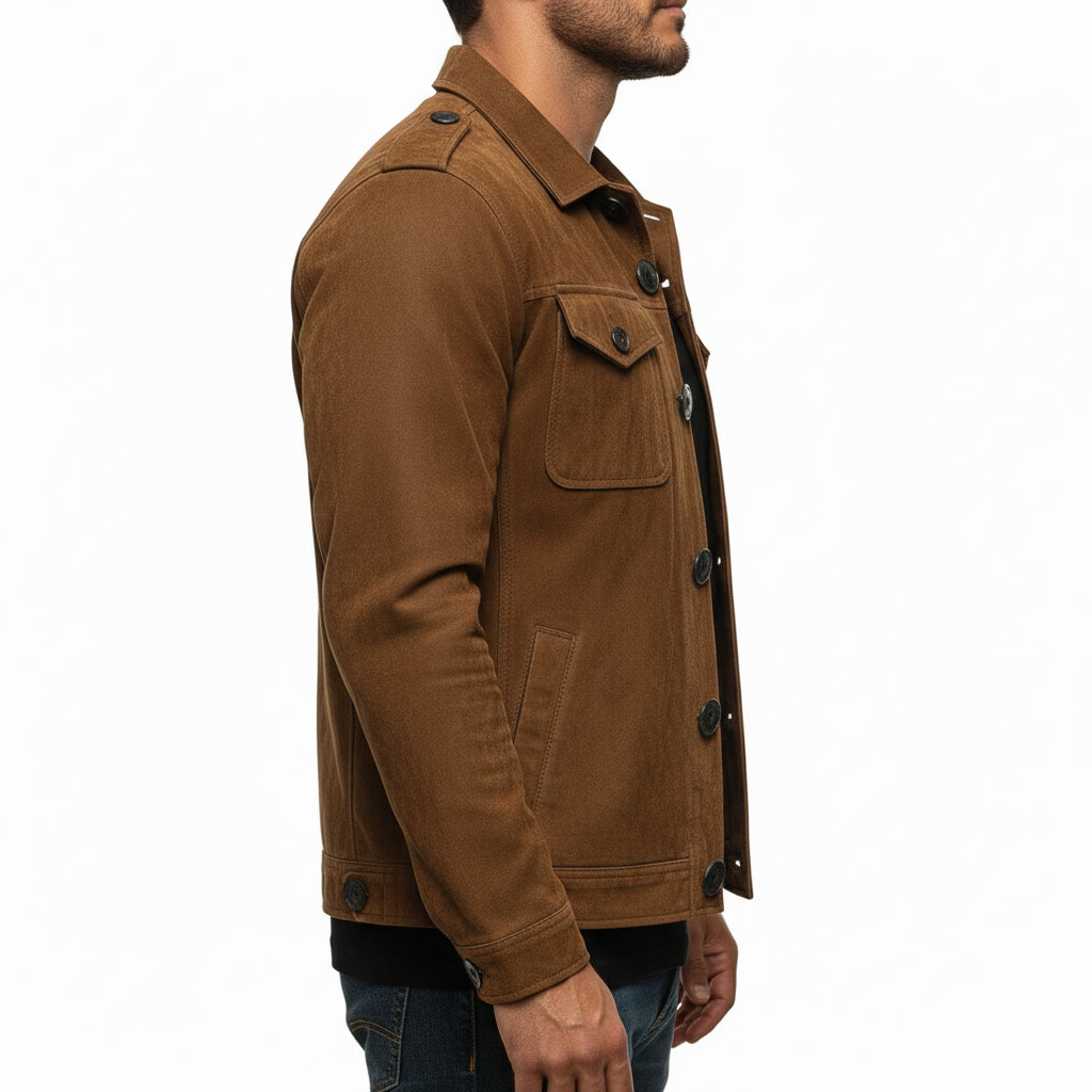 model-side-view - Men's Safari Jacket, Suede Leather Jacket, Men's Field Jacket, Cognac Brown Suede Jacket