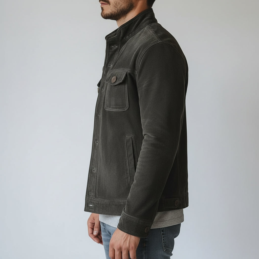 model-side-view - Men's Shirt Jacket, Men's Utility Jacket, Olive Green Suede Jacket, Casual Suede Jacket
