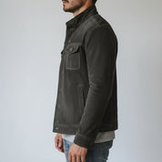 model-side-view - Men's Shirt Jacket, Men's Utility Jacket, Olive Green Suede Jacket, Casual Suede Jacket