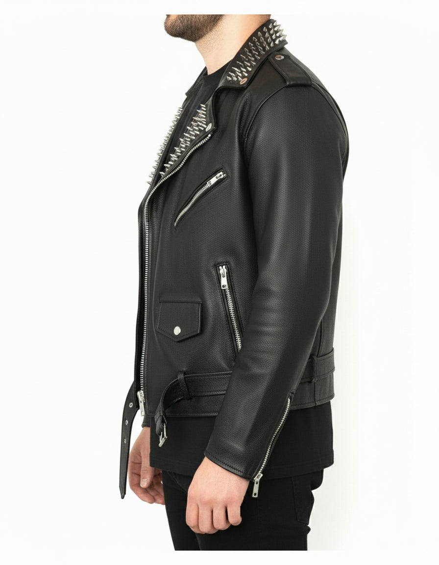 model-side-view - Men's Skull Studded Black Leather Jacket