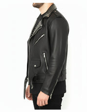 model-side-view - Men's Skull Studded Black Leather Jacket