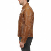 model-side-view - Men's Slim Fit Antique Washed Brown Leather Biker Jacket, Men's Retro Zip Leather Jacket in Brown