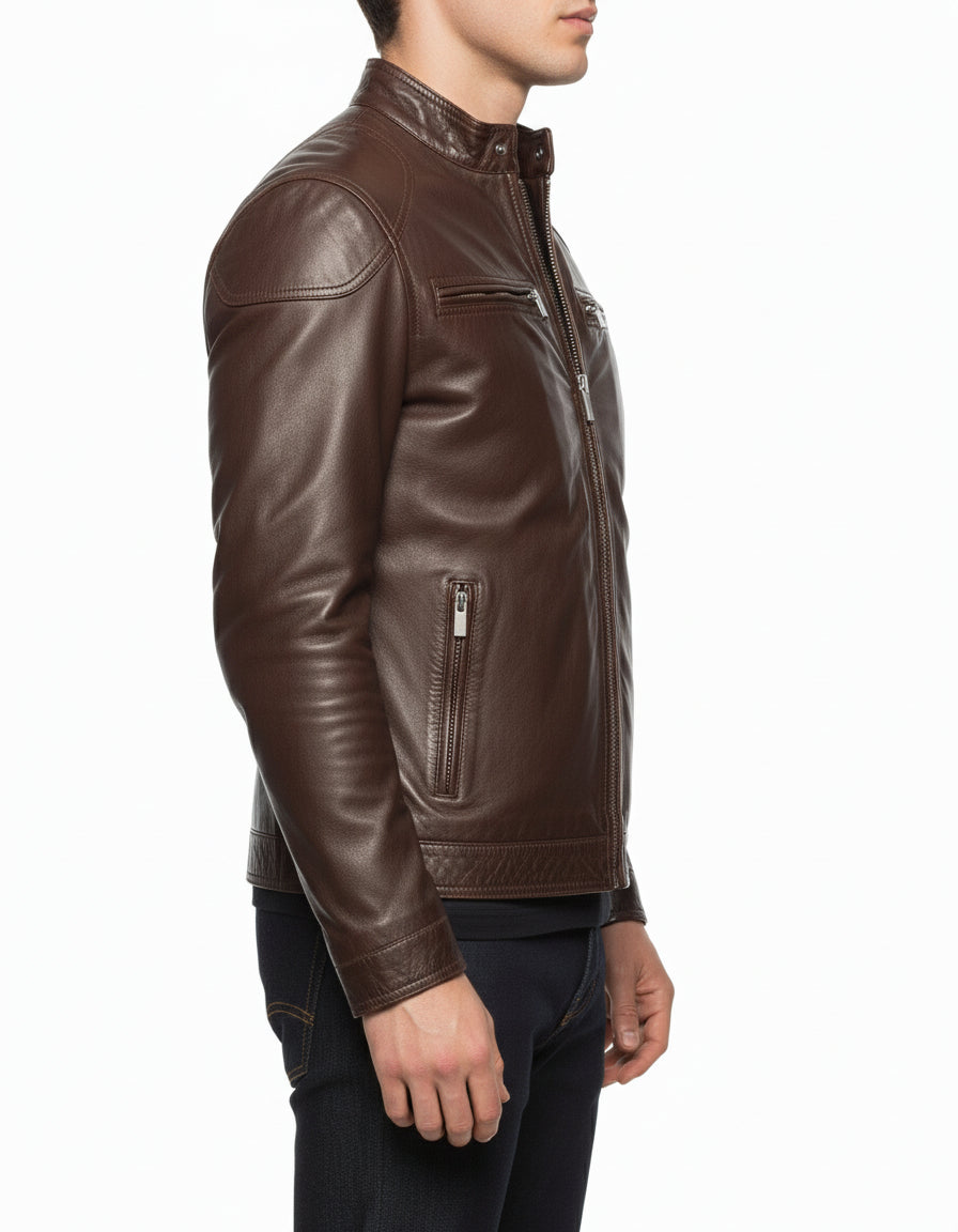 model-side-view - Men's Slim Fit Brown Leather Jacket