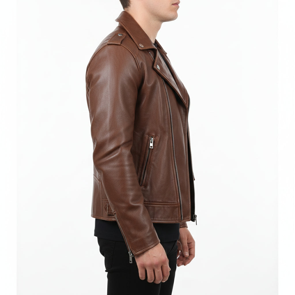 model-side-view - Men's Slim Fit Brown Motorcycle Leather Jacket