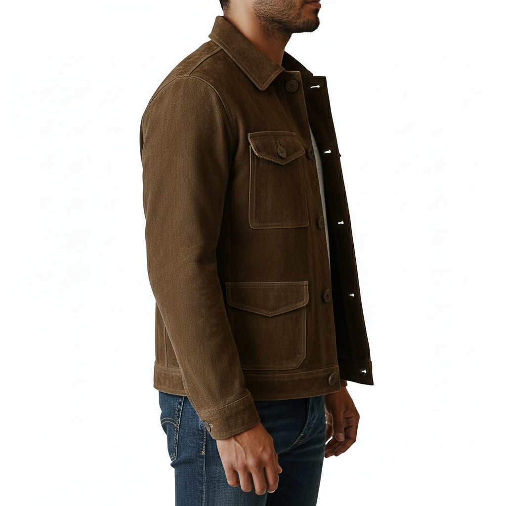 model-side-view - Men's Suede Jacket, Brown Suede Shirt Jacket, Suede Workwear Jacket, Button-Front Suede Jacket