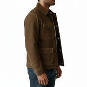 model-side-view - Men's Suede Jacket, Brown Suede Shirt Jacket, Suede Workwear Jacket, Button-Front Suede Jacket
