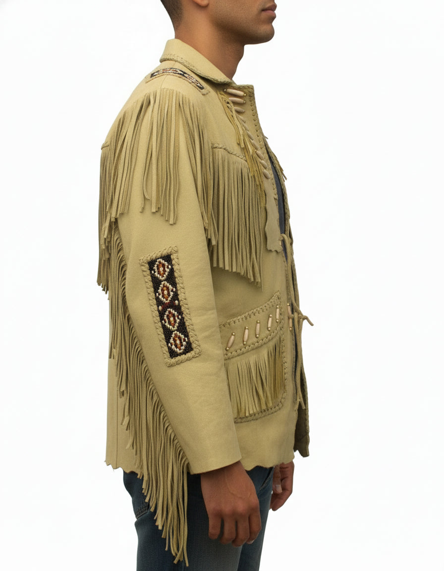 model-side-view - Mens Suede Leather Jacket Western Wear Cowboy Coat Fringe Bead & Bones Work