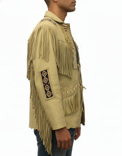 model-side-view - Mens Suede Leather Jacket Western Wear Cowboy Coat Fringe Bead & Bones Work