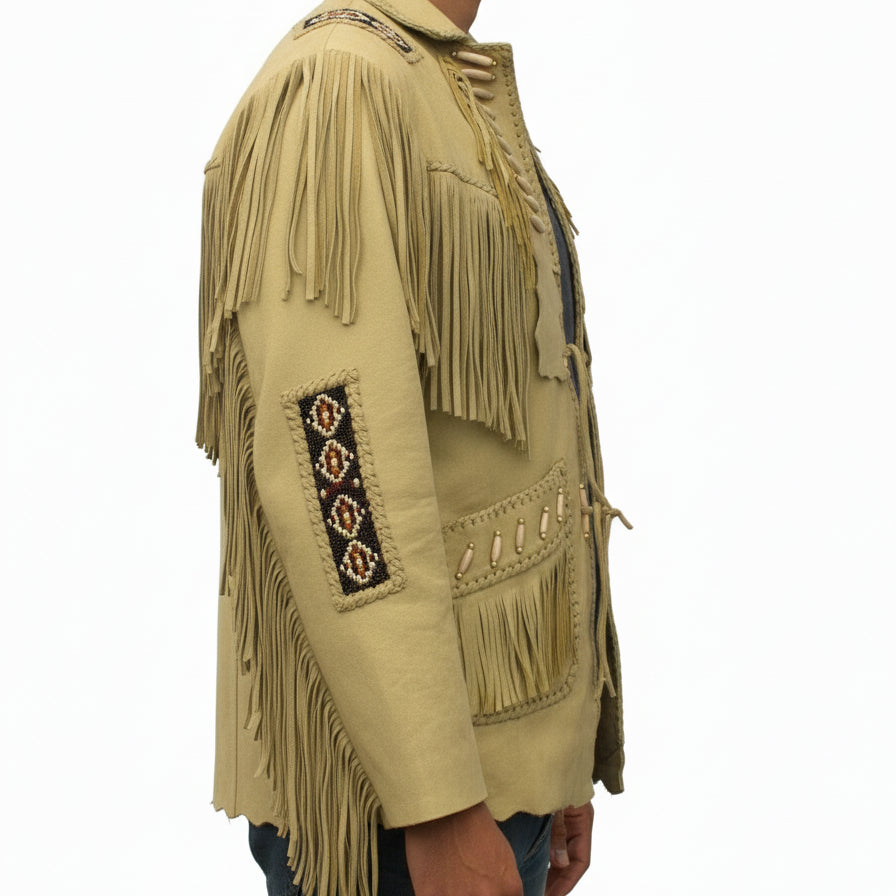 model-side-view - Mens Suede Leather Jacket Western Wear Cowboy Coat Fringe Bead & Bones Work